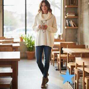 Antonio Melani Cream Cowl Neck Shaker Knit Acrylic Wool Sweater Womens L 10 12